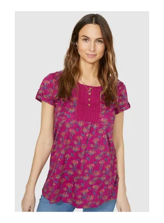 Short Sleeve Big Blooms Placket Tunic 