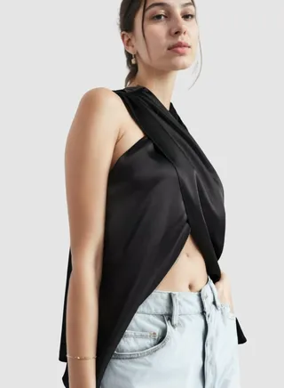 Wrap Front Sleeveless Blouse With Pleat Shoulder 