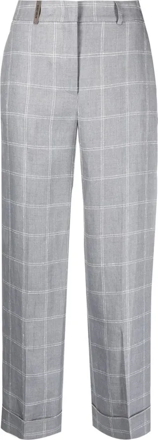 Windowpane-Print Linen Cropped Trousers