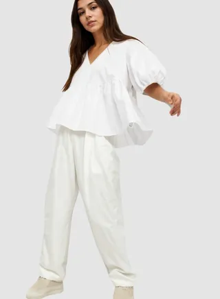 Cotton Smock Top With Tie Back In White 