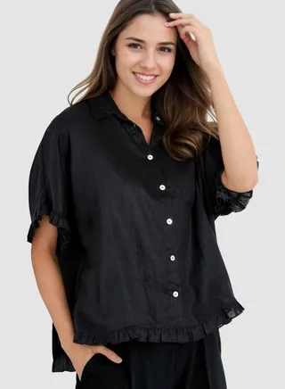 Black Shirt With Frilled Hem Sleeve 