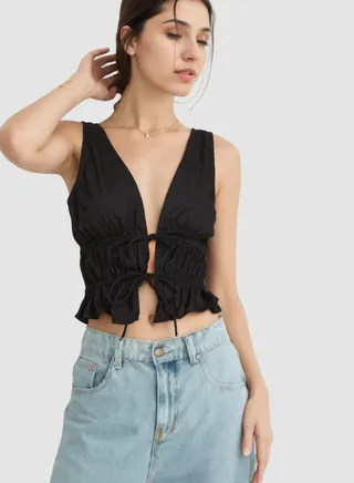 Plunge Neckline Black Front Tieing Top 