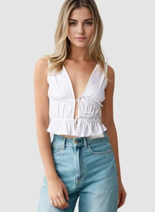 Plunge Neckline White Front Tieing Top 