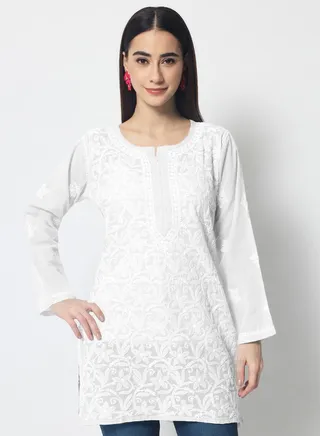 Hand Embroidered Chikankari Cotton Straight Tunic-AL3591 