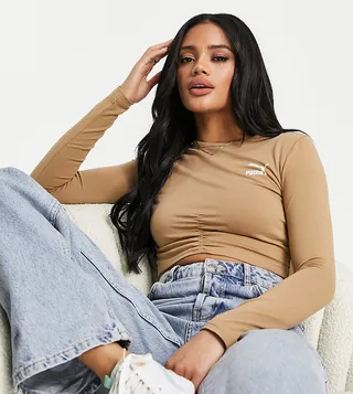 PUMA ruched front long sleeve top in tan - exclusive to ASOS