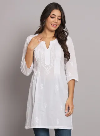 Hand Embroidered Chikankari Cotton Straight Pleated Tunic-AL1948 