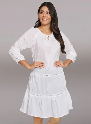 Hand Embroidered Chikankari A-Line Cotton Tunic With Elasticated Neckline & Sleeve-AL14362 