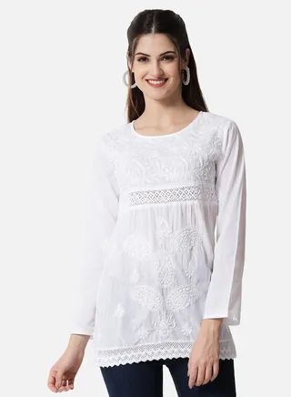 Hand Embroidered Chikankari Cotton Straight Tunic With Qureshia Lace-AL3347 