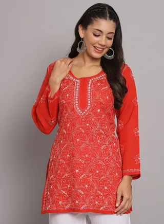 Hand Embroidered Chikankari Cotton Straight Tunic-AL3591 