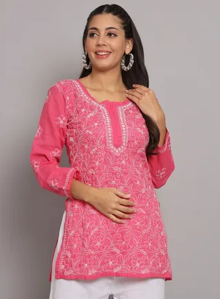 Hand Embroidered Chikankari Cotton Straight Tunic-AL3591 