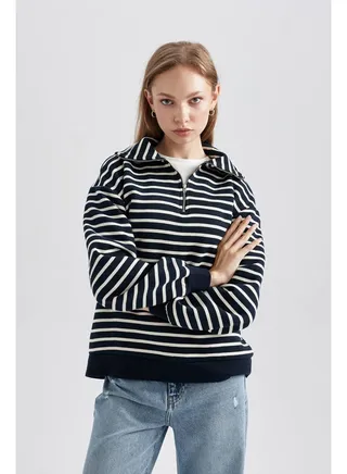 Woman Regular Fit Halfzip Long Sleeve Knitted Sweat Shirt 