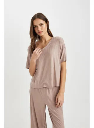 Woman Regular Fit V Neck Short Sleeve Homewear Knitted Tops 