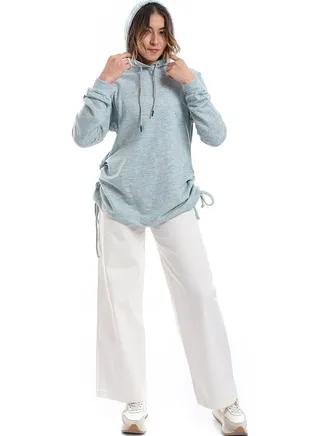 Self Pattern Side Adjustable Hoodie _ Turquoise & Grey 