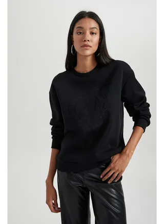 Woman Relax Fit Crew Neck Long Sleeve Knitted Sweat Shirt 