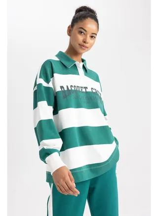 Woman Knitted Oversize Fit Polo Neck Long Sleeve Sweat Shirt 
