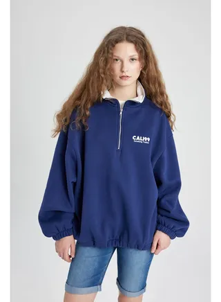 Woman Oversize Fit Halfzip Long Sleeve Knitted Sweat Shirt 