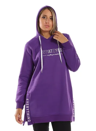 Woman  Printed Long Hoodie With Two Open Side 
