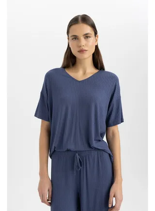 Woman Regular Fit V Neck Short Sleeve Homewear Knitted Tops 