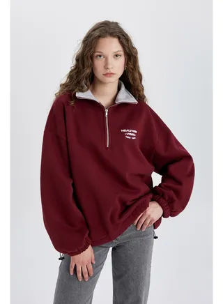 Woman Oversize Fit Halfzip Long Sleeve Knitted Sweat Shirt 