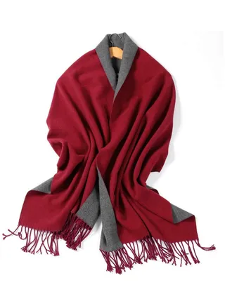 Super Soft Cashmere Mix Plain 2 Tone Reversible Winter Scarf With Tassels 