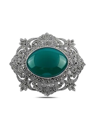 925 Silver-Natural Green Agate & Marcasite Brooch & Pendant-High-Quality Jewelry in UAE Dubai 100% Precious Metal Gift for Women-EMNON93BRO-BR92730 