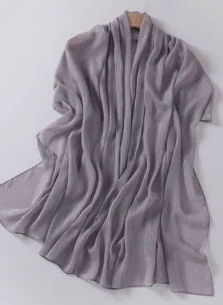 Scarf Chiffon Silver Silk Pleated Long Gauze Hijab, Silver, Shineshe 