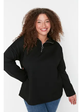 Black Zipper High Collar Slim Knitted Sweatshirt. 
