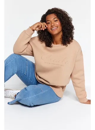 Beige Embroidery Detailed Knitted Sweatshirt with Fleece Inside TBBAW24AO00013. 