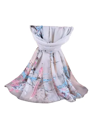 Floral Printed Long Scarf Light Grey/Blue/Pink 