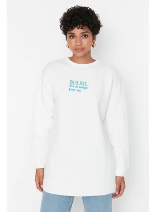 Ecru Crew Neck Printed Detailed Knitted Sweatshirt TCTAW23TW00013 