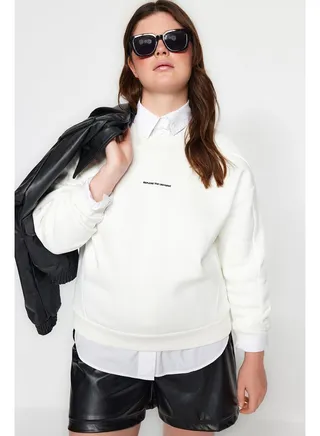 Thick Ecru, Fleece Inside, Embroidery Detailed Knitted Sweatshirt TBBAW24AO00022. 