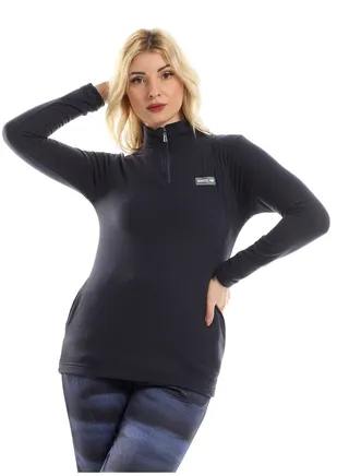 Wool Long Sleeved Sweatshirt With Side Pockets - Navy Blue 