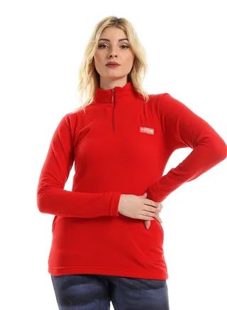 Zipper Closure Long Sleeves Plain Sweater - Red 