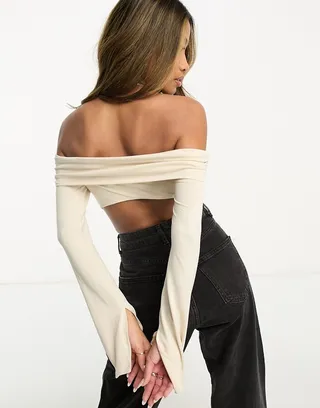 ASOS DESIGN bardot bodysuit with open back in stone