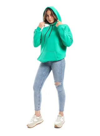 Emerald Green Fleeced Plain Hoodie_Green 