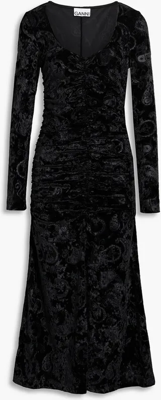 Ruched velvet-jacquard midi dress