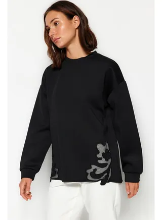 Black Lace Detail Diver/Scuba Knit Sweatshirt TCTAW24TW00008. 