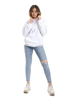 White Fleeced Plain Hoodie_White 