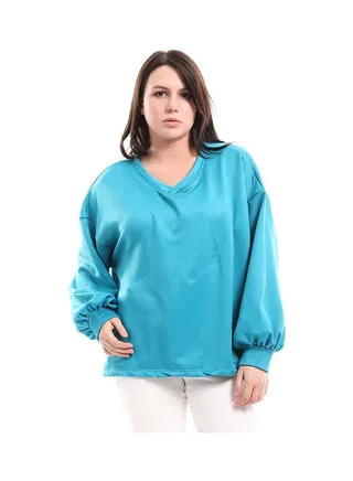 Casual Plain/Basic Hooded Neck   Sweatshirt Turquoise 