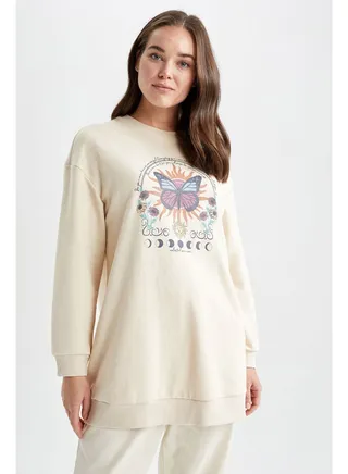 Woman Relax Fit C Neck Long Sleeve Knitted Sweat Tunic 