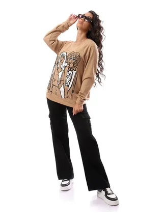 Printed Beige Slip On Cotton Sweat Shirt_Beige 