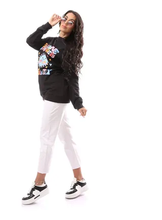 Black Printed Loose Fitted Sweatshirt_Black 