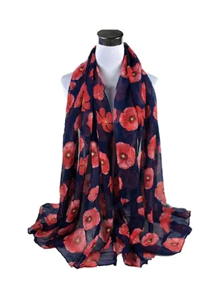 Floral Printed Long Scarf Navy Blue 