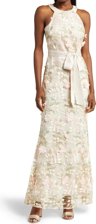 Floral 3D Embroidered Halter Neck Gown