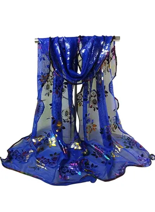 Floral Printed Sheer Stole Royal Blue 