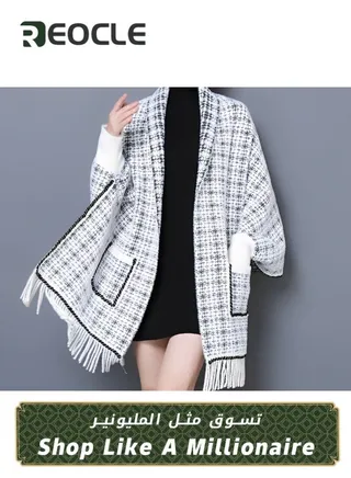 Imitation Plaid Scarf Shawl Mink Cape Shawl Sweater Coat Tassel Women's Autumn and Winter New Style Outer Knitted Cardigan With Pockets 
