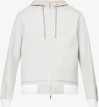 Mens Light Gray And Camel Reversible Hooded Stretch-woven Bomber Jacket