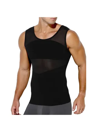 Compression Shirts for Men Slimming, Workout Mesh Tank Top Undershirts Shapewear Tight Tummy Underwear, Sleeveless Slimming Vest Men, Black - XL Size 