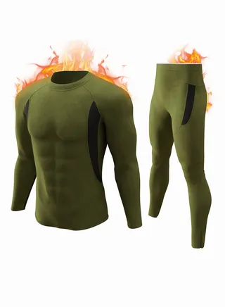 Men's Thermal Underwear Sets Top & Long Johns Fleece Sweat Quick Drying Thermo Base Layer - Army Green 