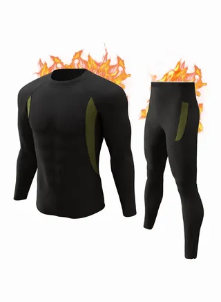Men's Thermal Underwear Sets Top & Long Johns Fleece Sweat Quick Drying Thermo Base Layer-Black 